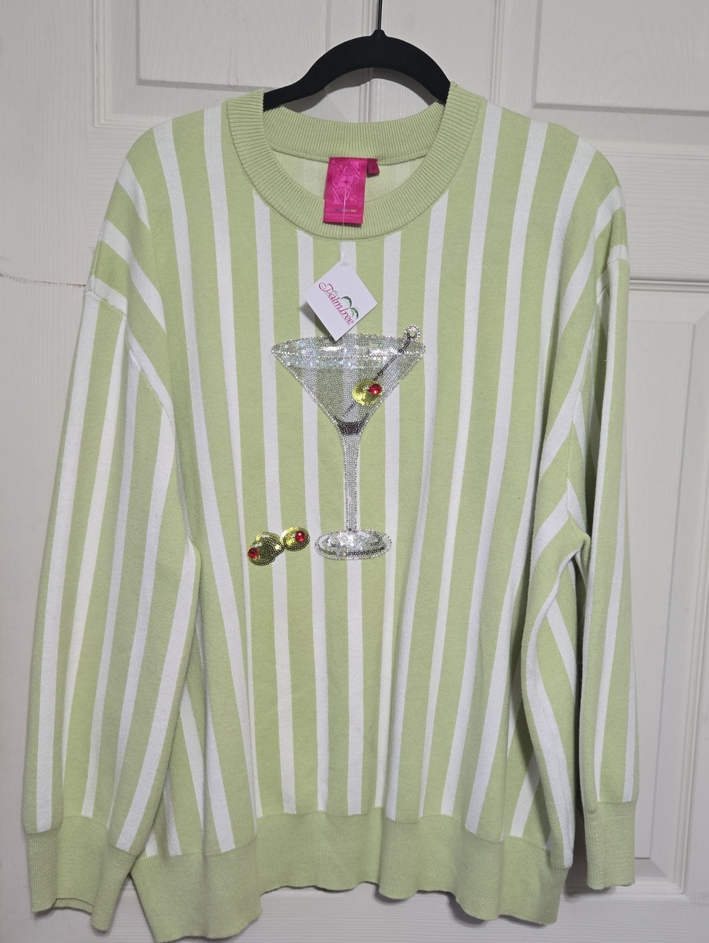 QUEEN OF SPARKLES Light Green & White Striped Sequin Martini Sweater